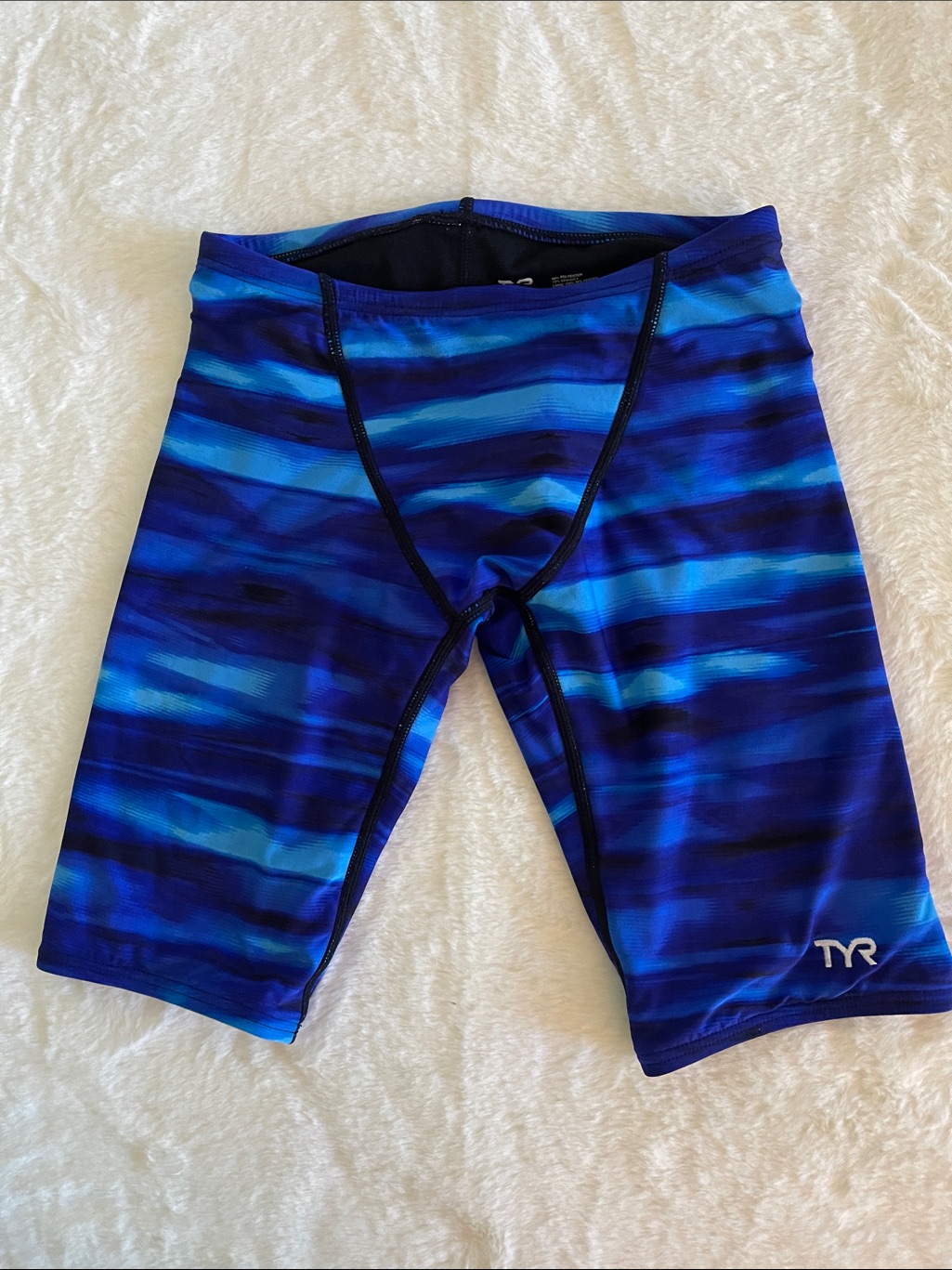 Tyr Boys Blue Multi-Stripe Jammer Swim Trunks Sz Xs 26